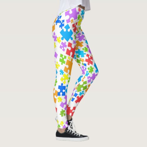 Large Pastel Color Autism Puzzle Pieces on WHITE Leggings