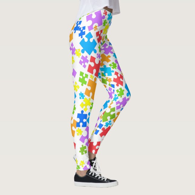 Large Pastel Color Autism Puzzle Pieces on WHITE Leggings (Right)
