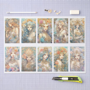 Large Pastel Watercolor Floral Mermaid Decoupage Tissue Paper