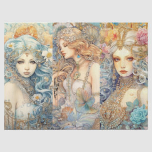 Large Pastel Watercolor Floral Mermaid Decoupage Tissue Paper