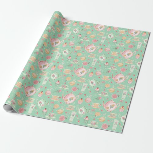 Large Pastel Watercolor Teapots on Mint Green Wrapping Paper