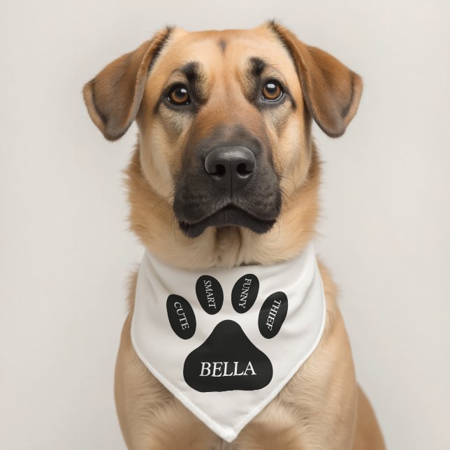 Large Paw Print, Name, Funny Dog Traits, White Pet Bandana Collar (Dog 2)