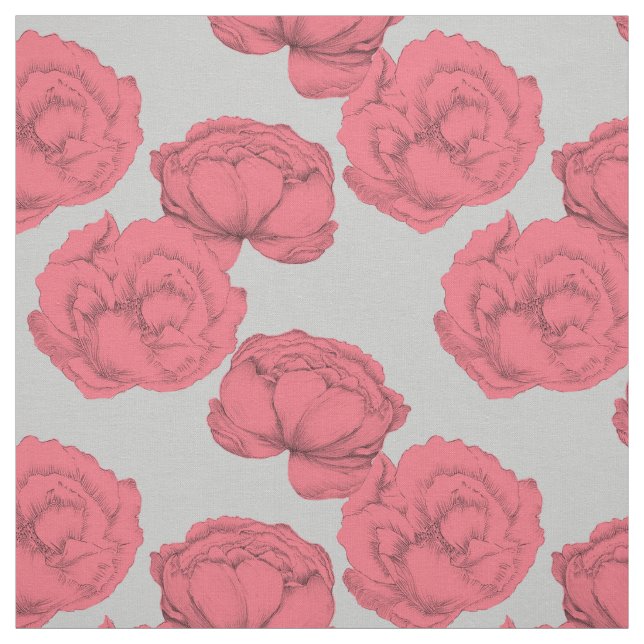 Large Peonies Romantic Pink Gray Pattern Floral Fabric (Swatch)