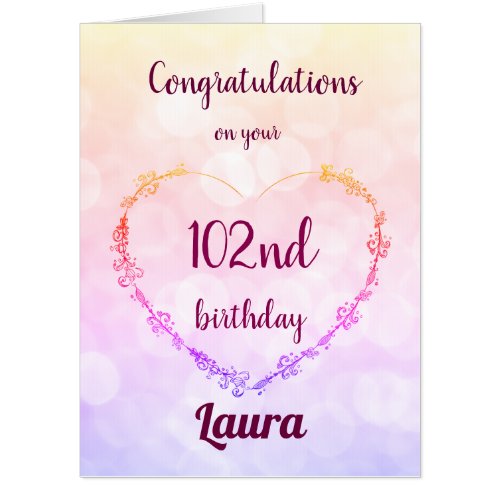 Large personalised pretty 102nd Birthday Card
