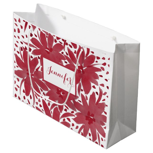 Large Personalized Floral Design Ruby Red Gift Bag (Front Angled)