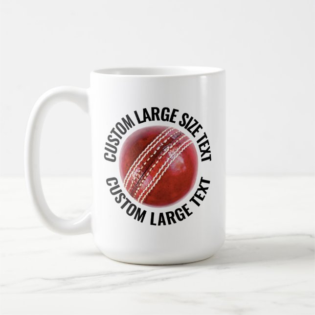 Large Personalized Text Cricket Ball 15oz. Custom Coffee Mug (Left)