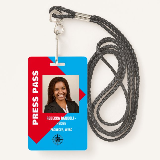 LARGE PHOTO I.D. PRESS PASS BADGE (Front with Lanyard)