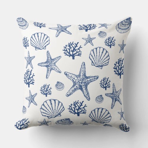 Large Pillow Navy White Sea Shell Pattern Coastal