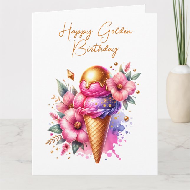 Large Pink and Gold Ice Cream Golden Birthday Card (Front)