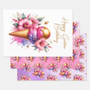 Large Pink and Gold Ice Cream Golden Birthday Wrapping Paper Sheets