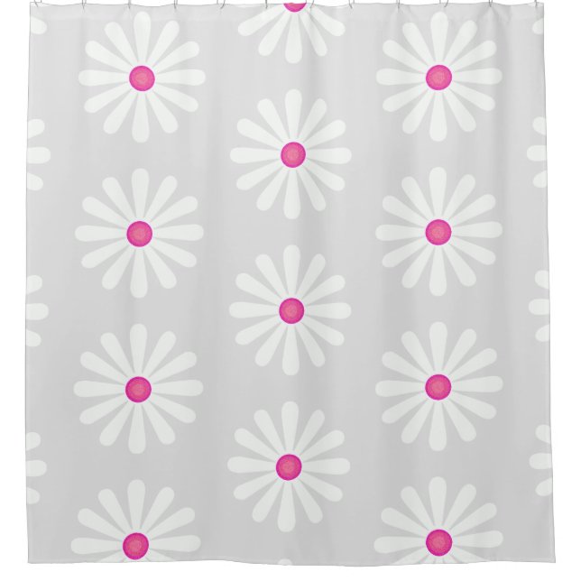 Large pink and white daisies pattern on soft grey shower curtain (Front)