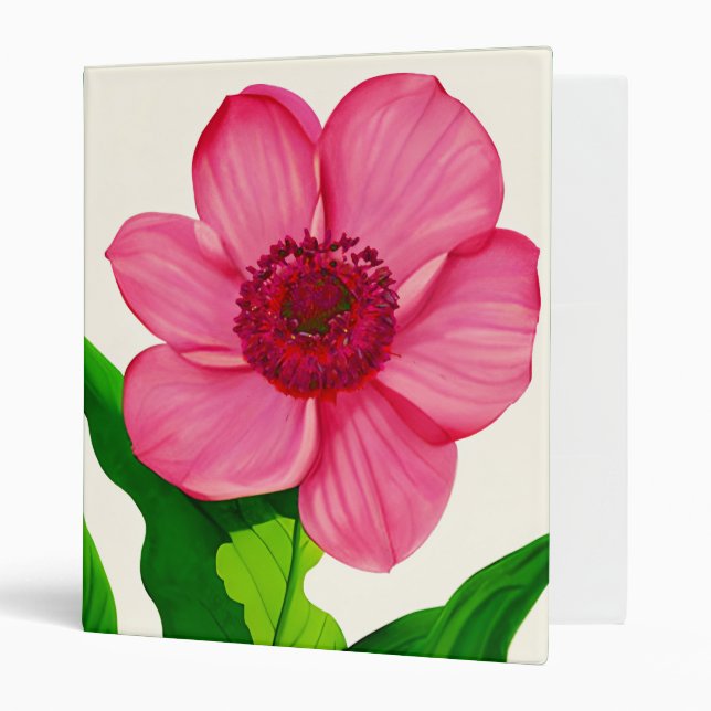 Large Pink Anemone with Emerald Green Leaves 3 Ring Binder (Front/Inside)