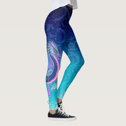 Large Pink   Blue Water Dragon on Water Swirls Leggings