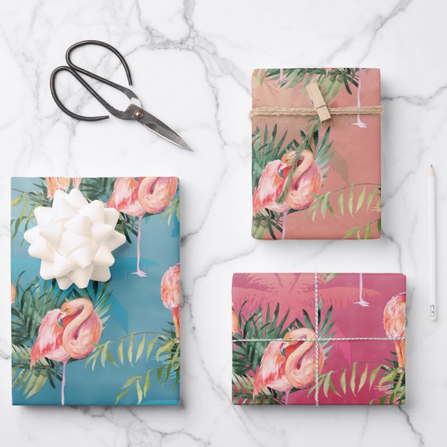 Large Pink Flamingoes In Tropical Palm Paradise  Wrapping Paper Sheets (Front)