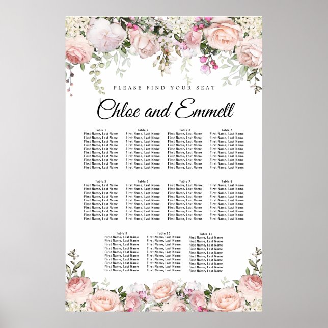 Large Pink Floral 11-Table Wedding Seating Chart (Front)