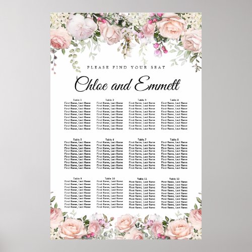 Large Pink Floral 12_Table Wedding Seating Chart