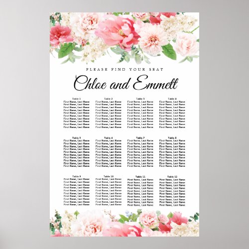 Large Pink Floral 12_Table Wedding Seating Chart
