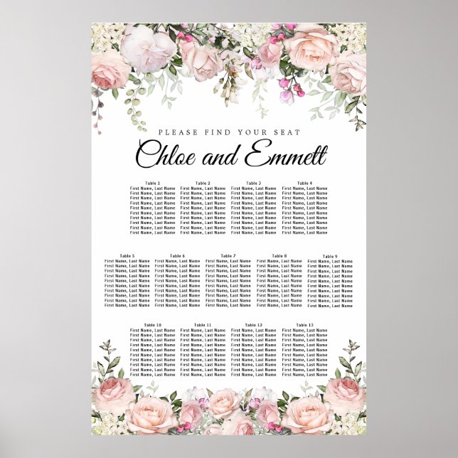 Large Pink Floral 13-Table Wedding Seating Chart (Front)