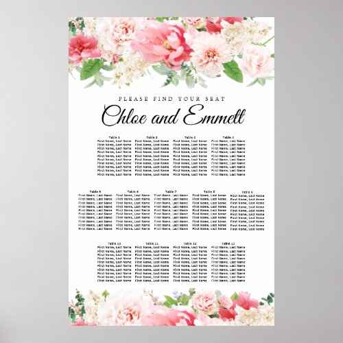 Large Pink Floral 13_Table Wedding Seating Chart