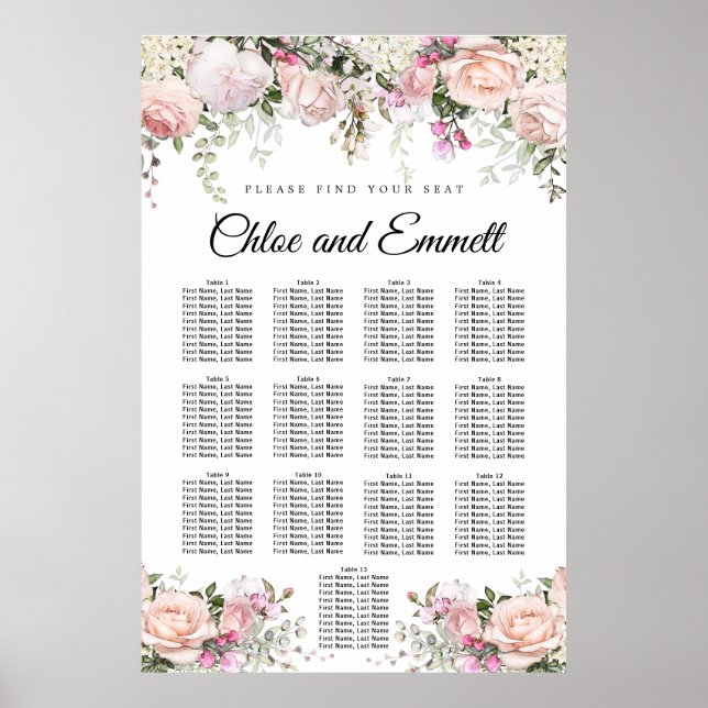 Large Pink Floral 13-Table Wedding Seating Chart (Front)