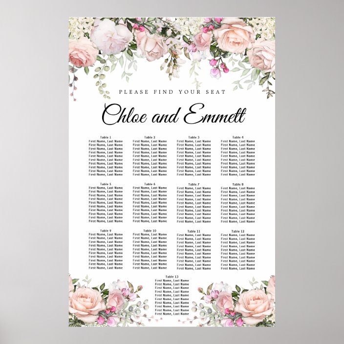 Large Pink Floral 13-Table Wedding Seating Chart | Zazzle.com