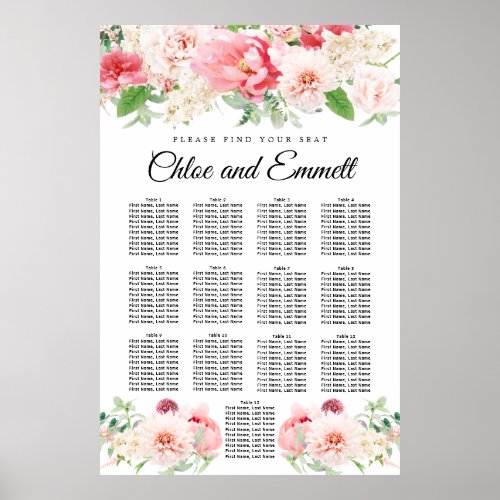 Large Pink Floral 13_Table Wedding Seating Chart
