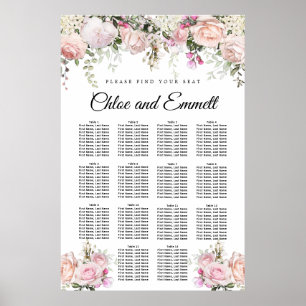 Large Pink Floral 14-Table Wedding Seating Chart