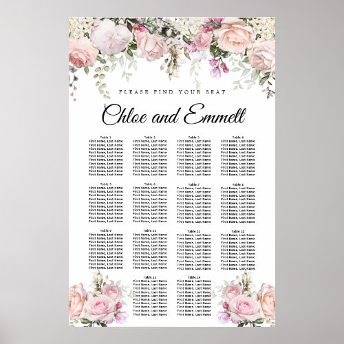 Large Pink Floral 14_Table Wedding Seating Chart