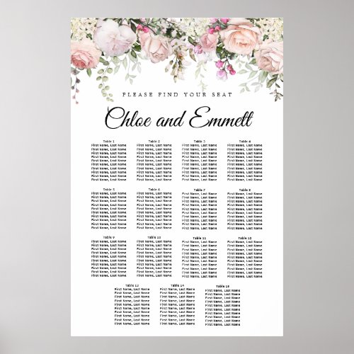 Large Pink Floral 15_Table Wedding Seating Chart