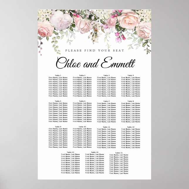 Large Pink Floral 15-Table Wedding Seating Chart (Front)