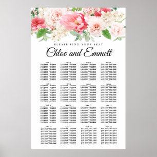 Large Pink Floral 16-Table Wedding Seating Chart