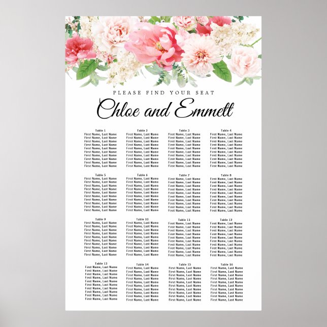Large Pink Floral 16-Table Wedding Seating Chart (Front)