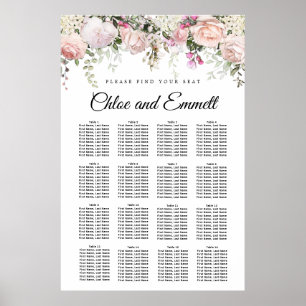 Large Pink Floral 16-Table Wedding Seating Chart
