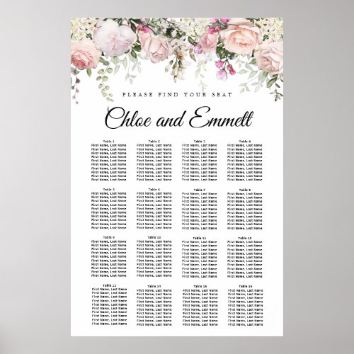 Large Pink Floral 16_Table Wedding Seating Chart