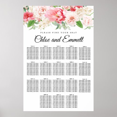 Large Pink Floral 18_Table Wedding Seating Chart