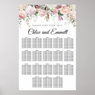 Large Pink Floral 18-Table Wedding Seating Chart