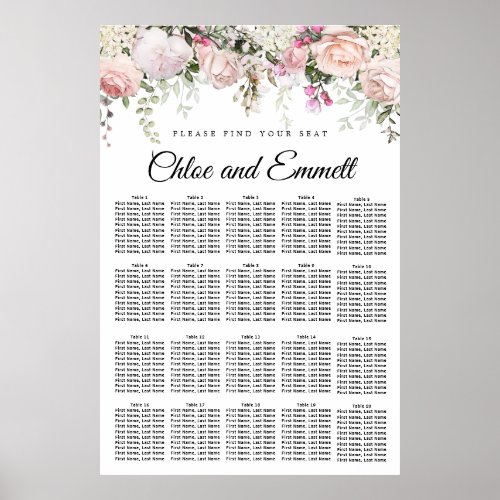Large Pink Floral 20_Table Wedding Seating Chart