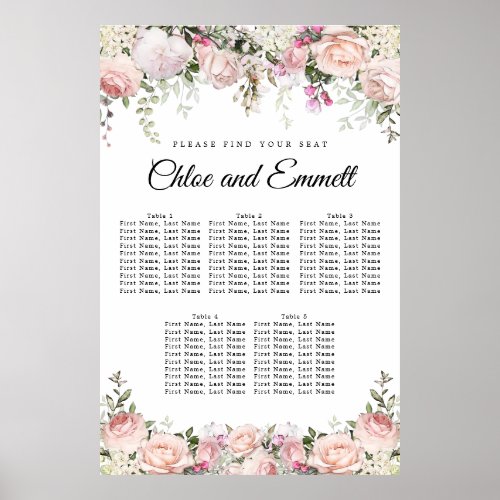 Large Pink Floral 5_Table Wedding Seating Chart