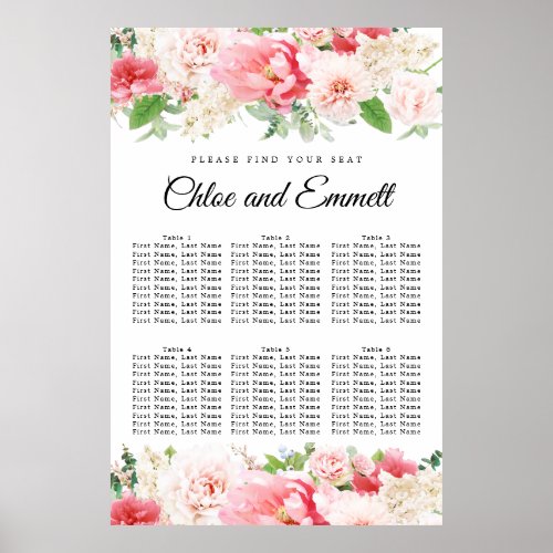 Large Pink Floral 6_Table Wedding Seating Chart