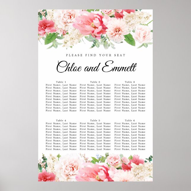 Large Pink Floral 6-Table Wedding Seating Chart (Front)
