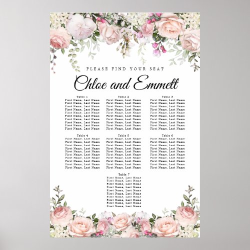 Large Pink Floral 7_Table Wedding Seating Chart
