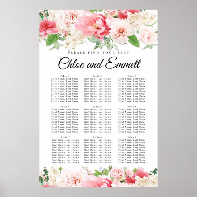 Large Pink Floral 9-Table Wedding Seating Chart (Front)