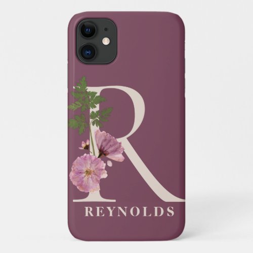 Large Pink Floral Monogram R Name Personalization iPhone 11 Case