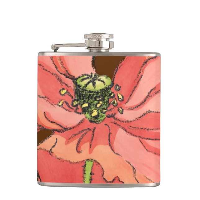 Large Pink Flower with Deep Red Background Flask (Front)