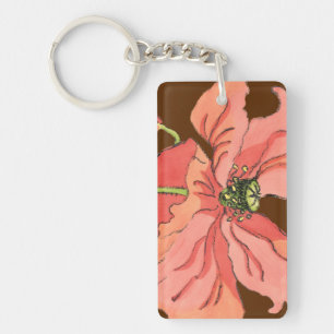 Large Pink Flower with Deep Red Background Keychain
