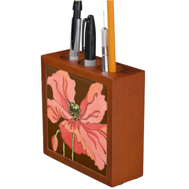 Large Pink Flower with Deep Red Background Pencil Holder (In Situ)