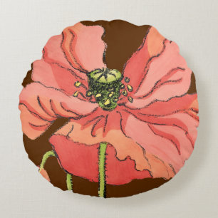 Large Pink Flower with Deep Red Background Round Pillow