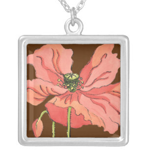 Large Pink Flower with Deep Red Background Silver Plated Necklace