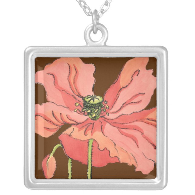 Large Pink Flower with Deep Red Background Silver Plated Necklace (Front)