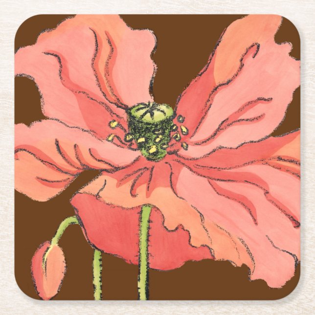 Large Pink Flower with Deep Red Background Square Paper Coaster (Front)